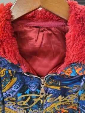 Ed Hardy Blue & Multicolor Patterned Teddy Jacket with Red Faux-Fur Collar